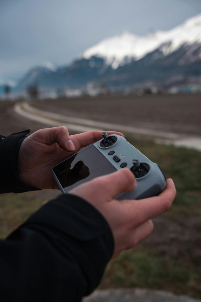 Hands Holding Controller on Mountain Landscape